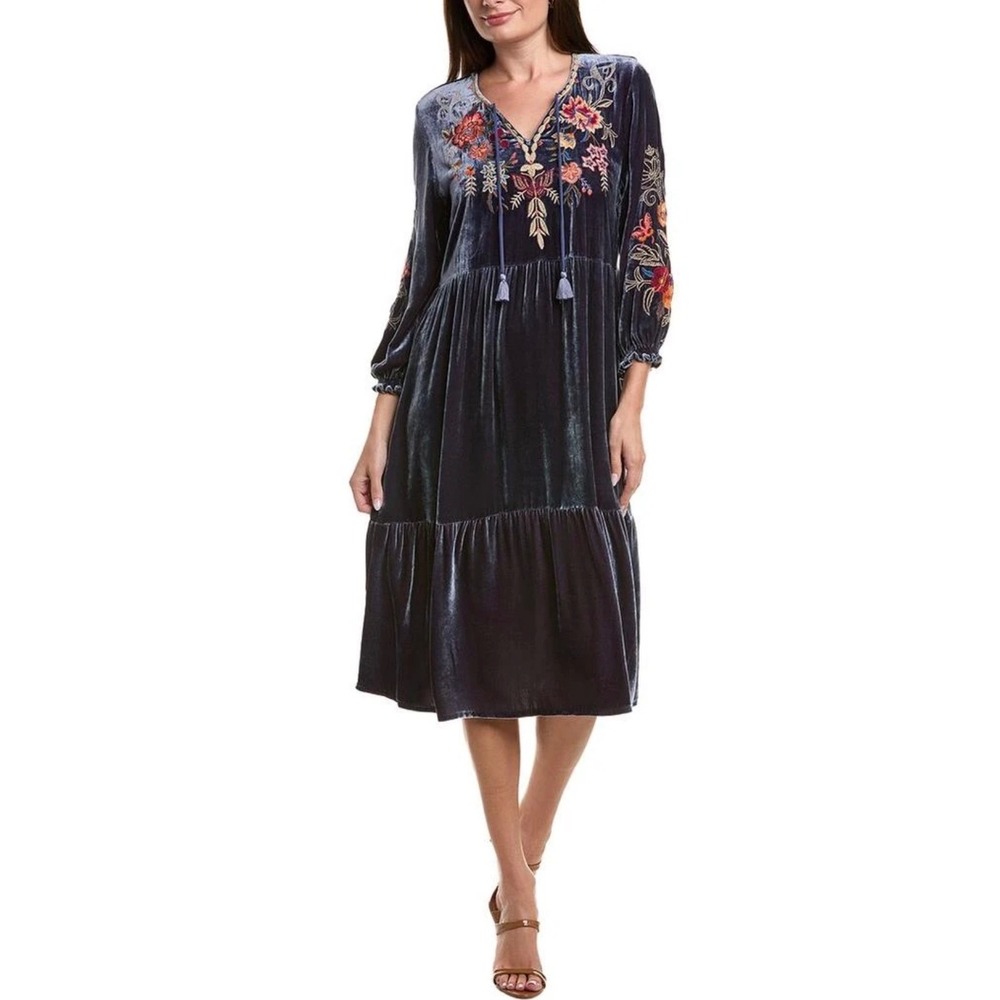Johnny Was Taline Grey Silk Blend Velvet Embroidered Tiered Midi Dress PXXS